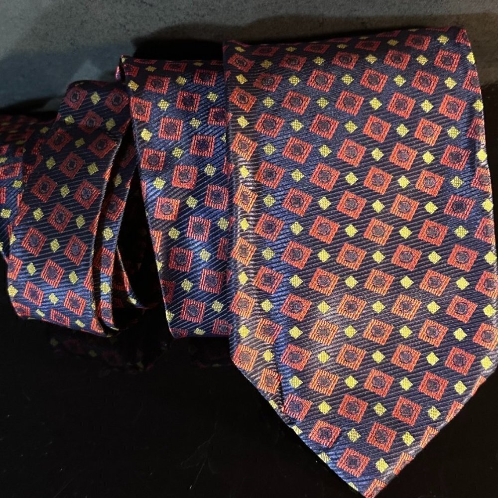 Emanuel Ungaro Silk Tie Red Blue Squares Modernist Mans EuC Festive Lush Vintage
